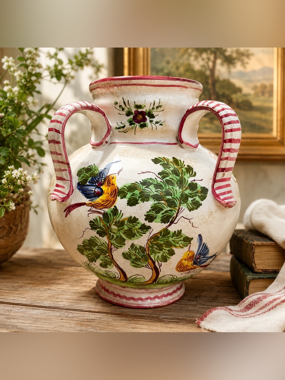 Vintage Italian Majolica Bird Floral Pottery Vase Cachepot Planter 4 Handles 10”